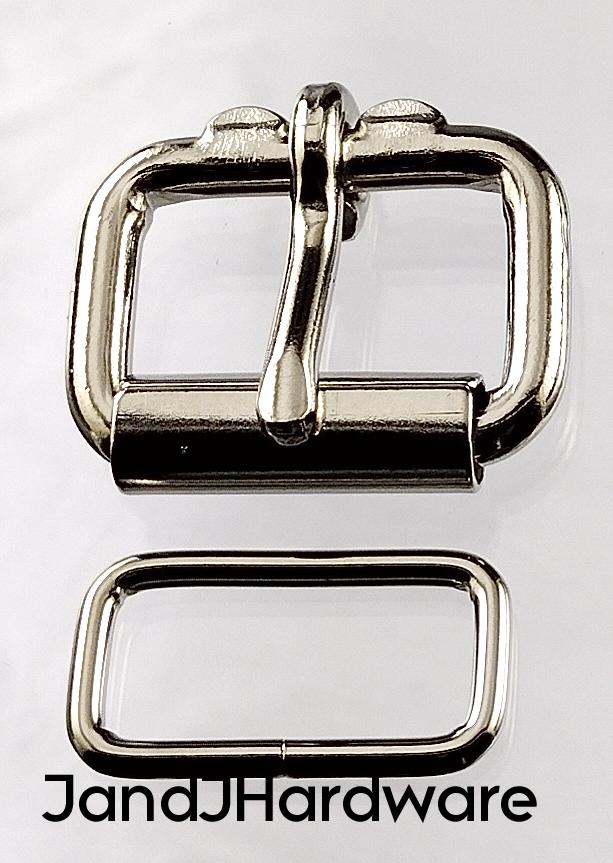 3/4 inch nickel plated maker pack consisting of 2 each of a heel bar roller buckle and a belt keeper.