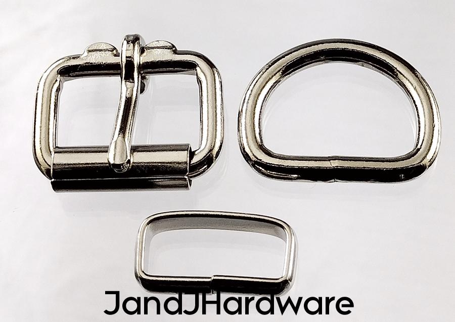 1 inch deluxe nickel plated maker pack consisting of 2 each of a heel bar roller buckle, D ring and a deluxe belt keeper.