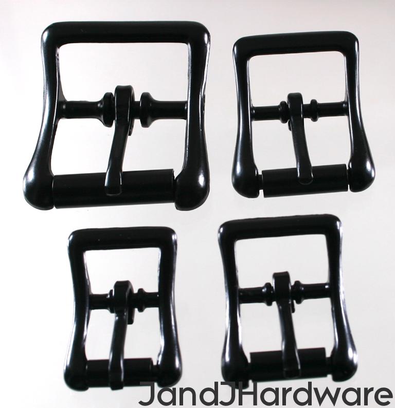 An image of a group of shiny bkacl center bar tru roller buckles from 1/2 to 21 inch.