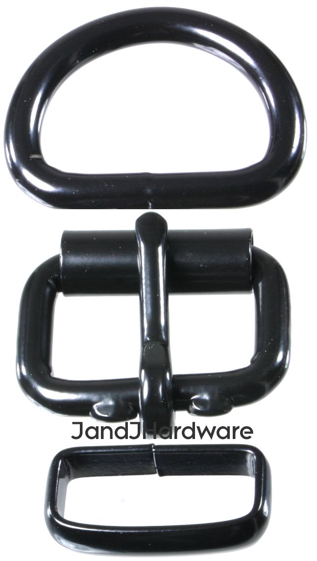 An image of a set of bkack hardware consisting of 2 each in black of a heel bar buckle, D ring and deluxe belt keeper.