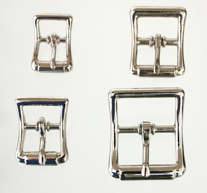 An image of a grouping of center bar glide bar buckles (not true roller but less expensive) from 1/2 to 1 inch in width.